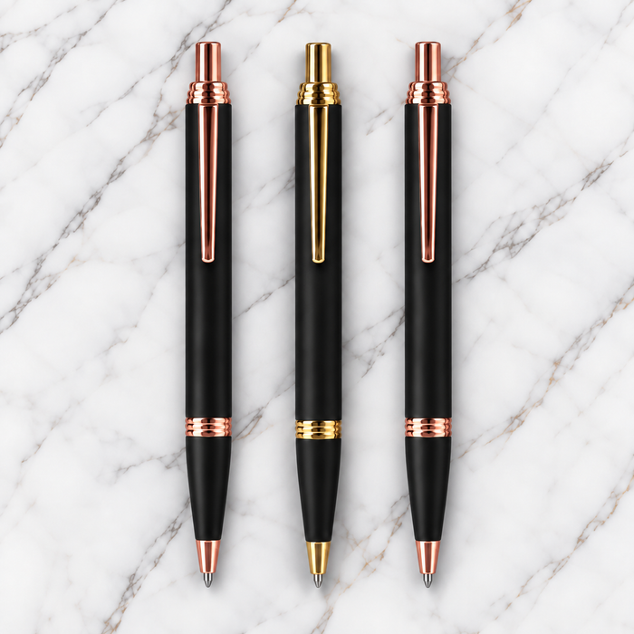 Set of 3 Premium Black Metal Click Ball Pens – Rose Gold & Gold Trim | Blue Ink | 3 Free Refills | Executive Gift Pen Set