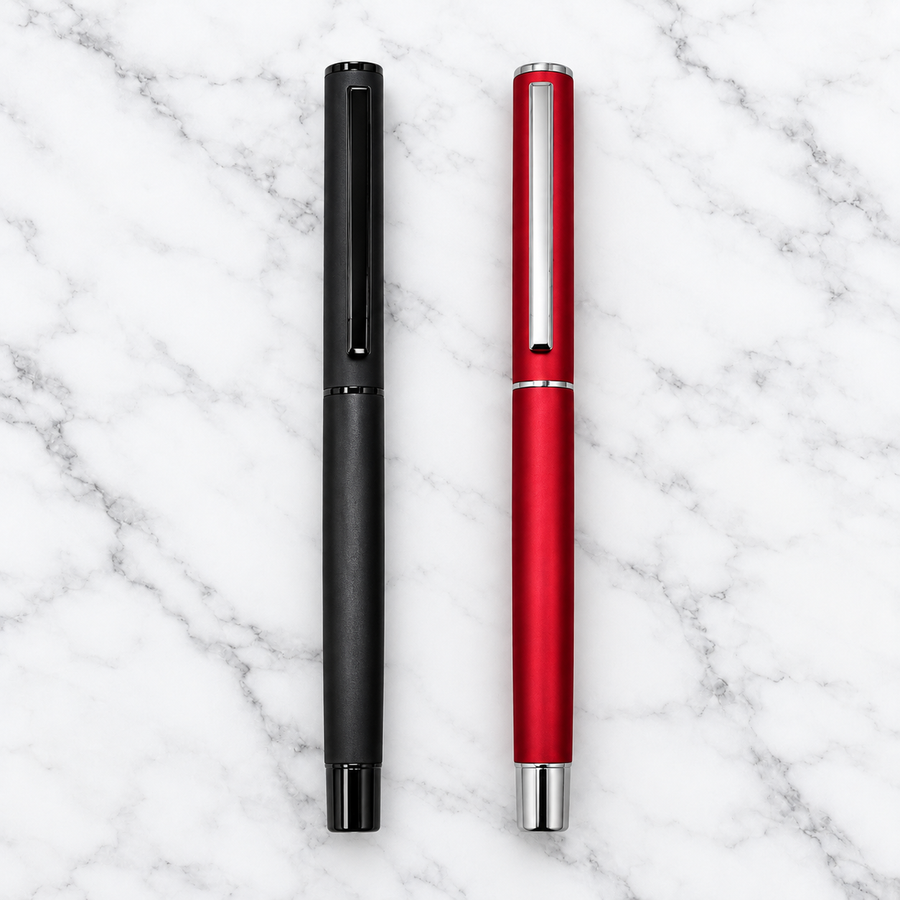 Set of 2 Matt Red & Black Metal Ball Pens with Silver Clip – Openable Mechanism, Blue Ink & 2 Extra Refills