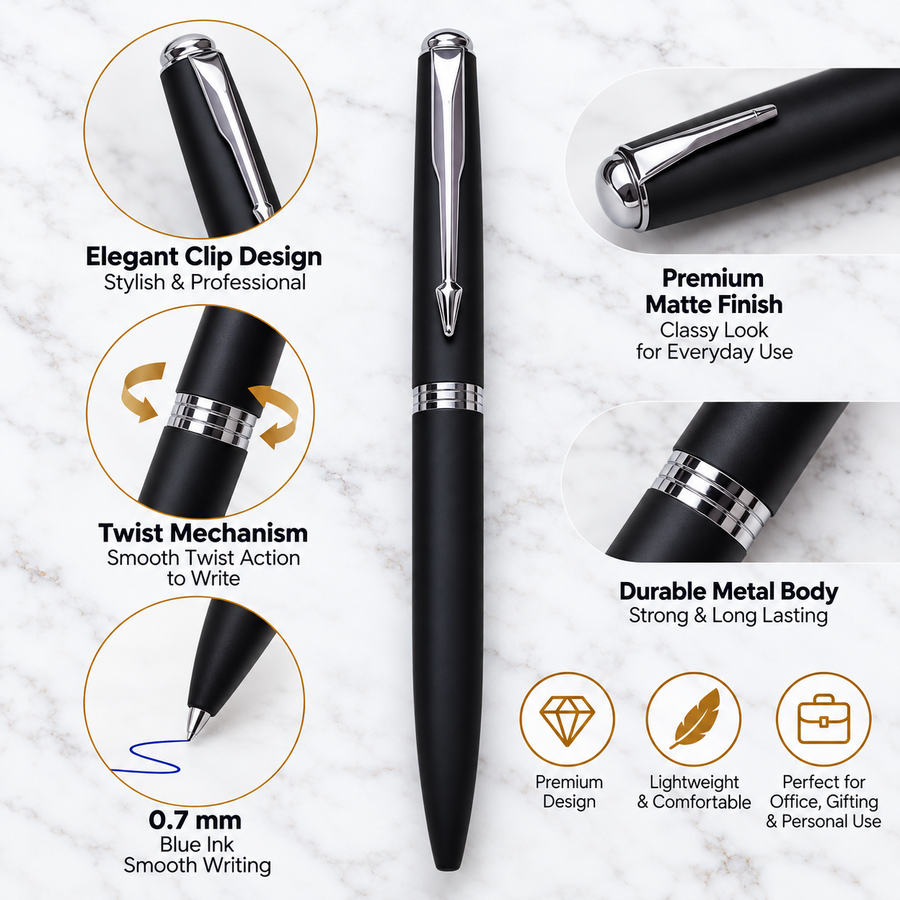 Glossy Black Metal Twist Ball Pen with Silver Clip | Blue Ink | Screw Type Metal Refill + 1 Extra Refill