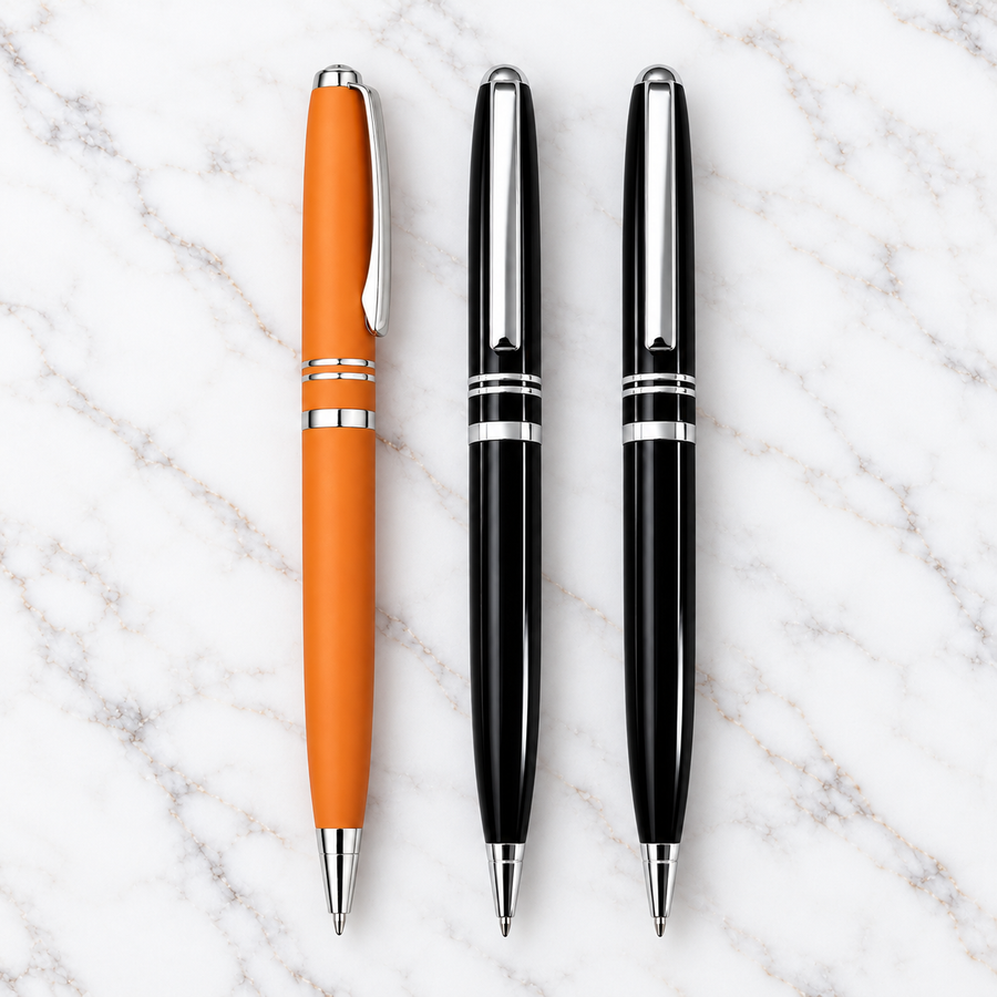 Set of 3 Orange & Black Metal Ball Pens – Silver Clip Twist Mechanism | Blue Ink | 3 Extra Refills