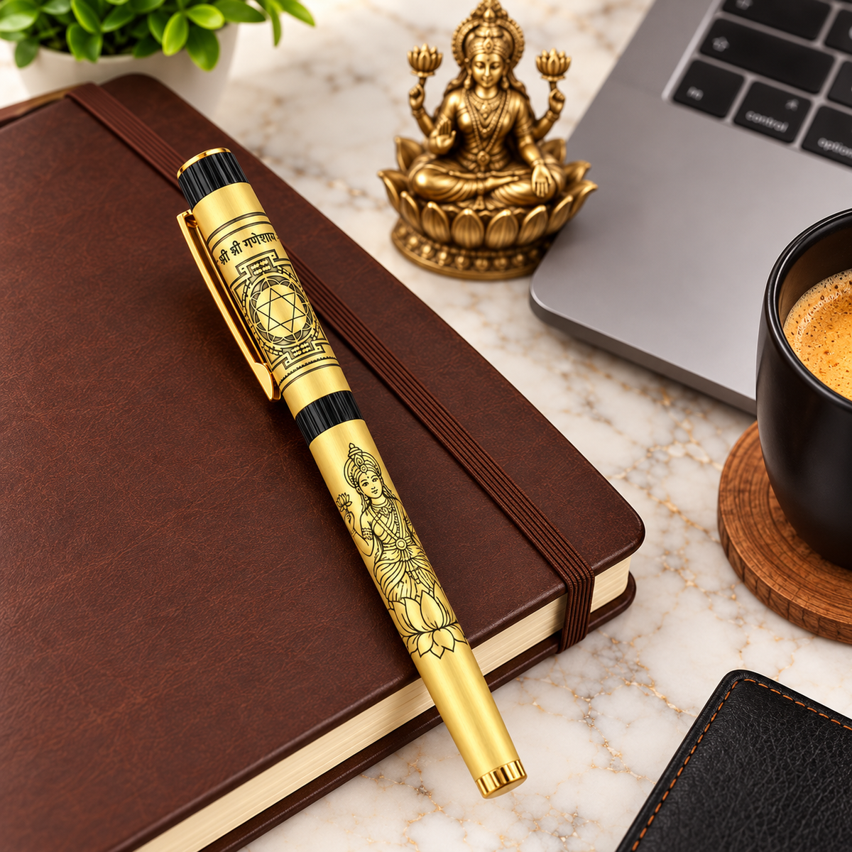 Premium Gold Mahalakshmi Yantra Metal Ball Pen | Magnetic Cap | 0.8 mm Blue Ink Metal Jotter Refill | Custom Engraving Available