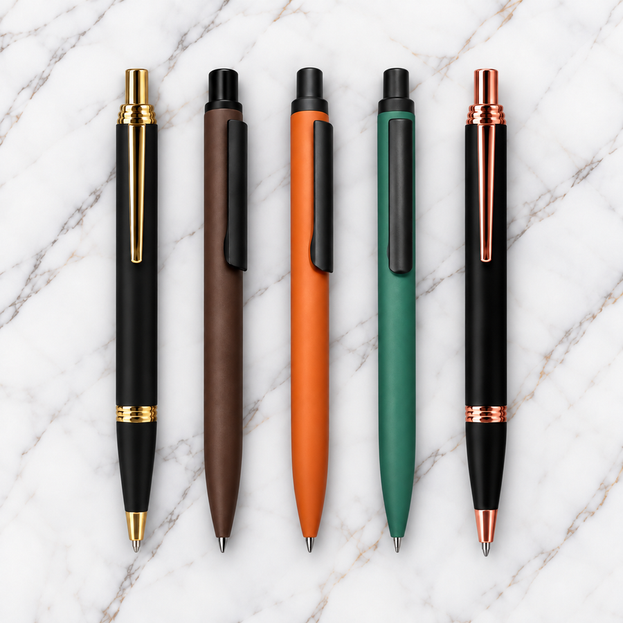Set of 5 Premium Metal Click Ball Pens – Matt Black Gold, Brown, Orange, Green & Black Rose Gold | Blue Ink | 5 Extra Refills Free