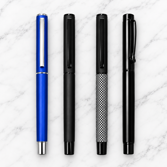 Ballpen Bazaar Set of 4 Premium Metal Openable Ball Pens – Matt Blue, Matt Black, White Grid & Glossy Black Paper Clip | Blue Ink | 4 Free Refills
