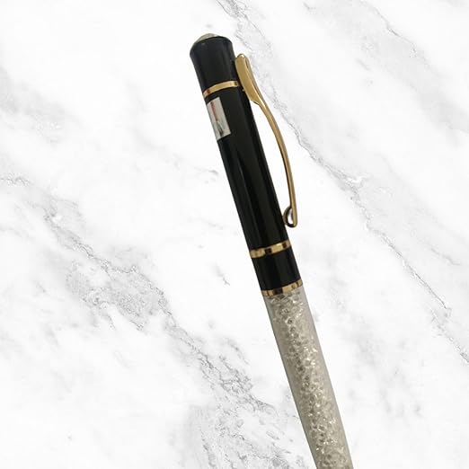 Glossy Black Ball Pen with White Diamonds – Gold Clip | Blue Ink | BallPenBazaar
