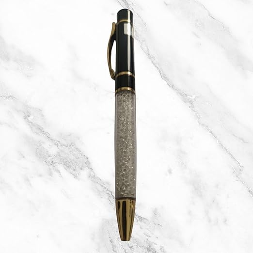Glossy Black Ball Pen with White Diamonds – Gold Clip | Blue Ink | BallPenBazaar
