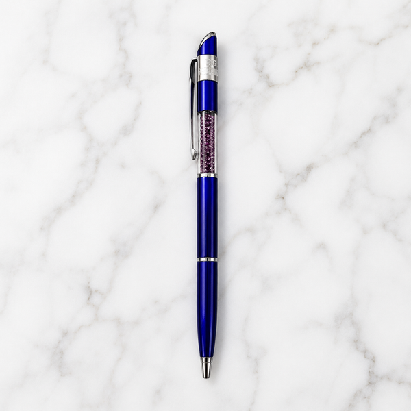 Ballpen Bazaar Metallic Glossy Blue Ball Pen with Purple Crystal Diamond Top & Silver Clip | Twist Mechanism | Blue Ink | Free 1 Refill | 1 Pc