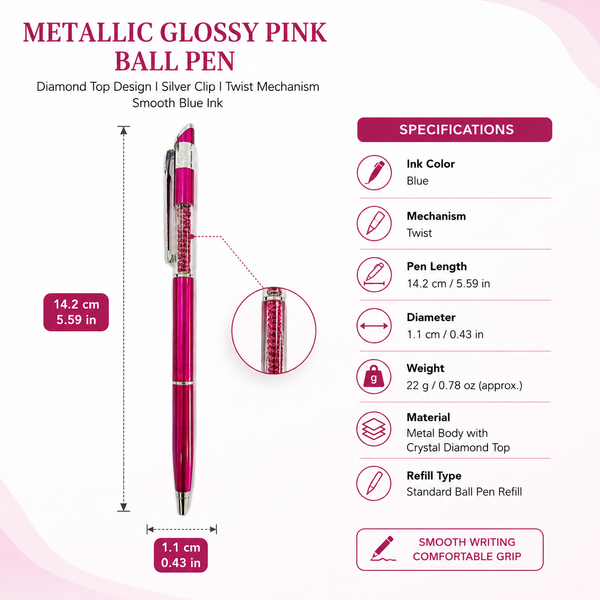 Glossy Pink Diamond Pen – Stylish Design