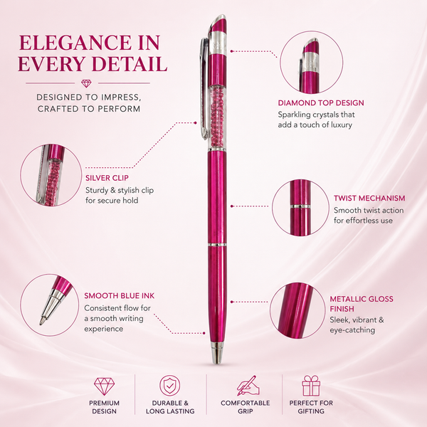 Ballpen Bazaar Metallic Glossy Pink Crystal Diamond Ball Pen with Silver Clip | Twist Mechanism | Blue Ink | Free 1 Refill | 1 Pc