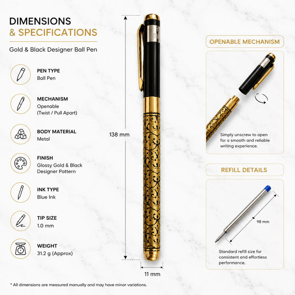 Gold and Black Designer Ball Pen – Openable Mechanism | Smooth Writing Blue Ink