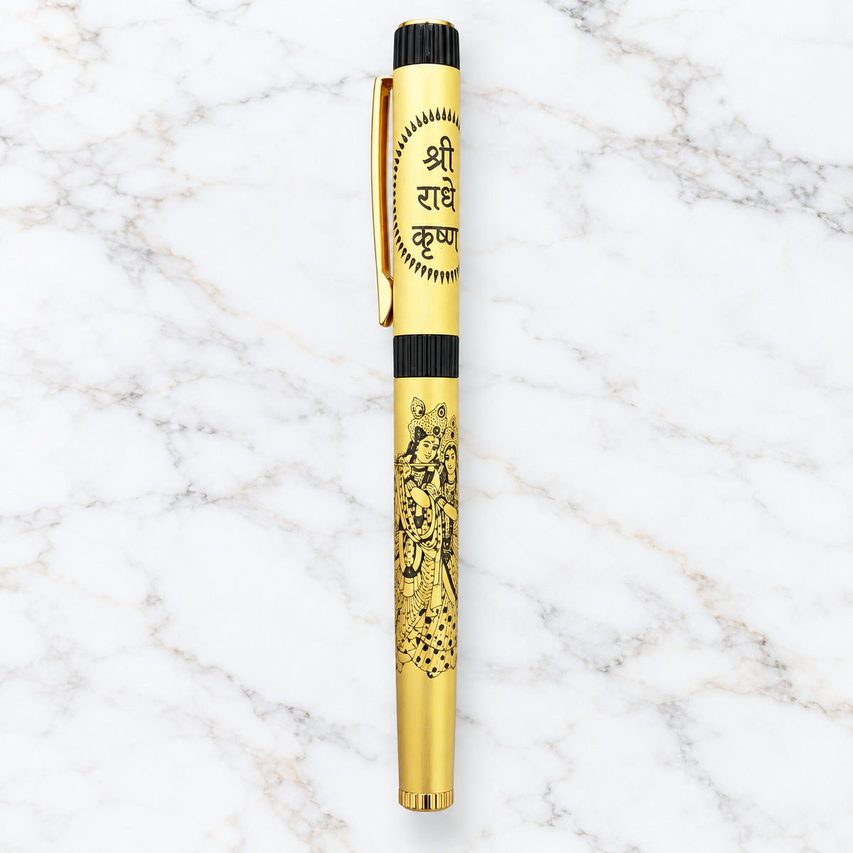 Premium Gold Shri Radhe Krishna Metal Ball Pen | Magnetic Cap | 0.8 mm Blue Ink Metal Jotter Refill | Custom Engraving Available