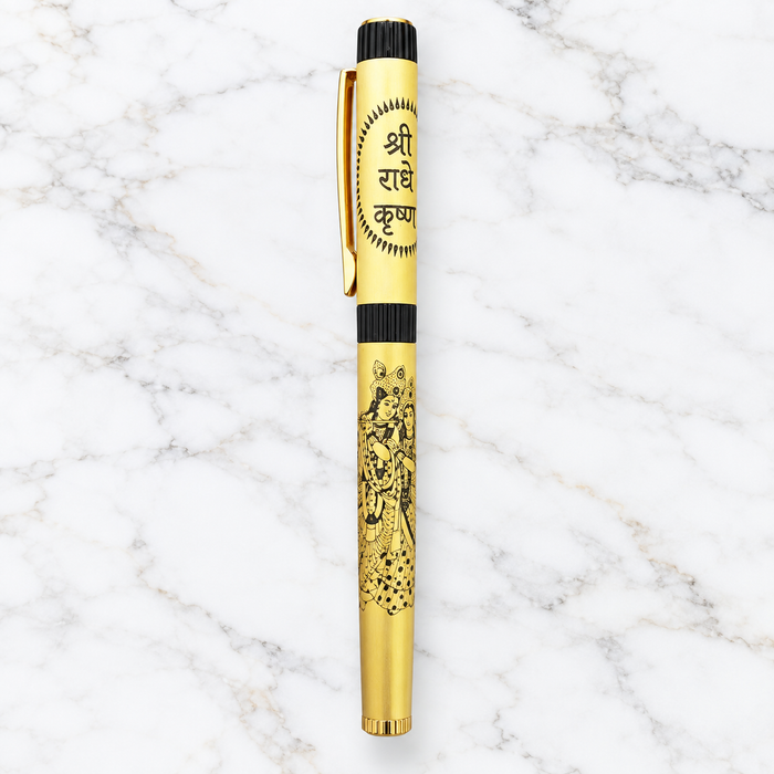Premium Gold Shri Radhe Krishna Metal Ball Pen | Magnetic Cap | 0.8 mm Blue Ink Metal Jotter Refill | Custom Engraving Available
