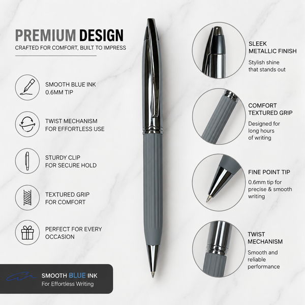 Ballpen Bazaar Metallic Glossy Gunmetal Colour Ball Pen with Gray Leather Grip | Twist Mechanism | Blue Ink | 1 Free Refill | 1 Pc