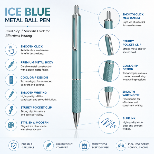 Ice Blue Metal Ball Pen – Cool Grip | Smooth Click for Effortless Writing