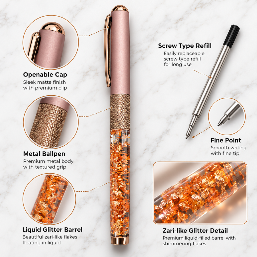 Ball Pen Bazaar Metallic Glossy Liquid Rose Gold Glitter Barrel Ball Pen with Rose Gold Cap | Openable | Blue Ink
