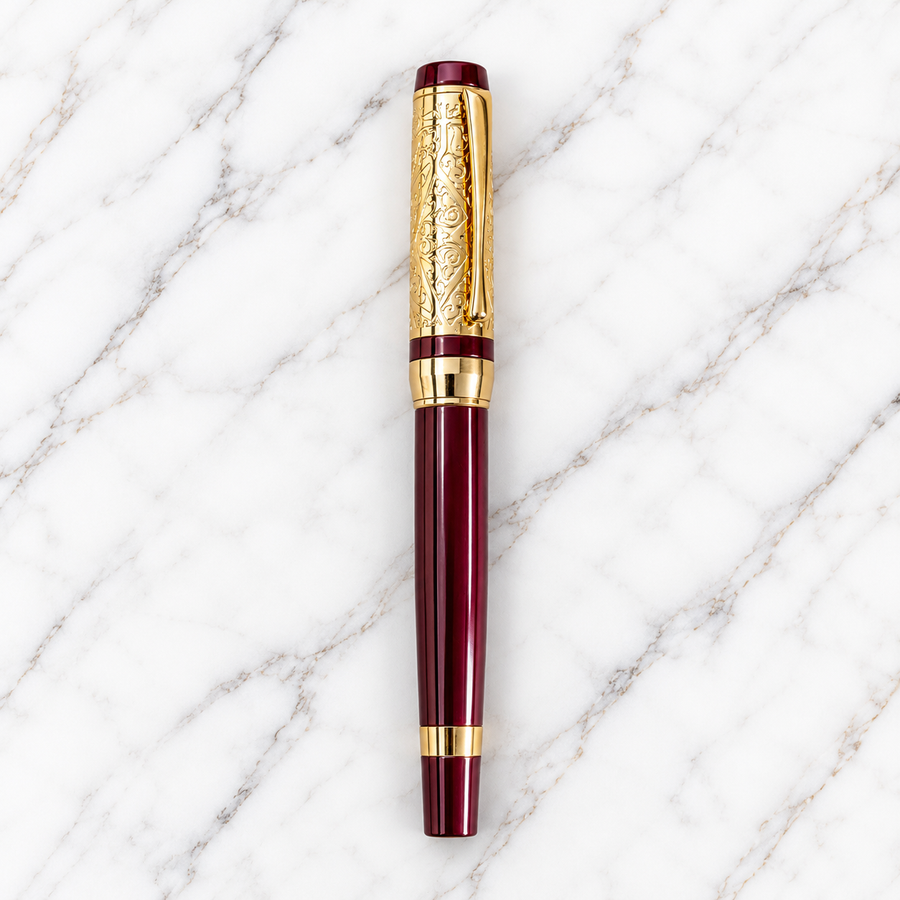 Metallic Glossy Maroon Ball Pen with Designer Gold Cap | Openable Mechanism | Blue Ink | 1 Extra Refill