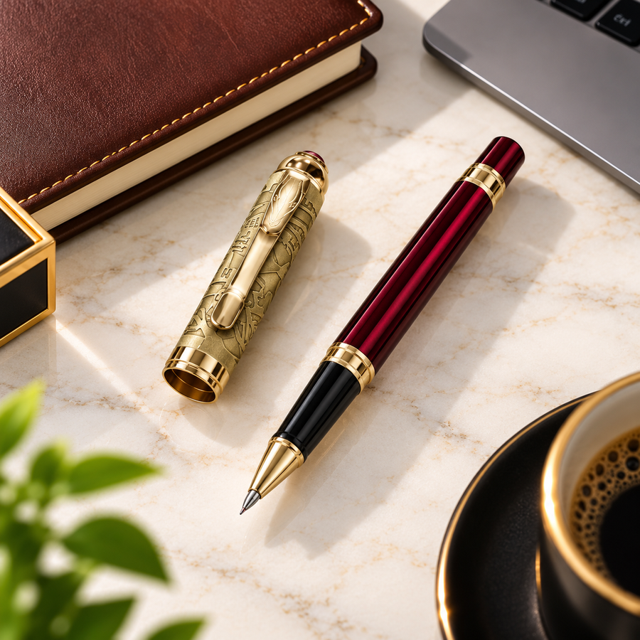 Metallic Glossy Maroon Ball Pen with Designer Gold Cap & Horse Symbol Clip – Openable Mechanism | Blue Ink