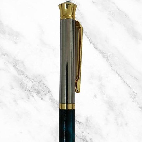 Luxury Dual-Tone Mini Ball Pen – Glossy Green & Silver Body | Elegant Gold Clip with Diamond Twist Top | Smooth Blue Ink Writing