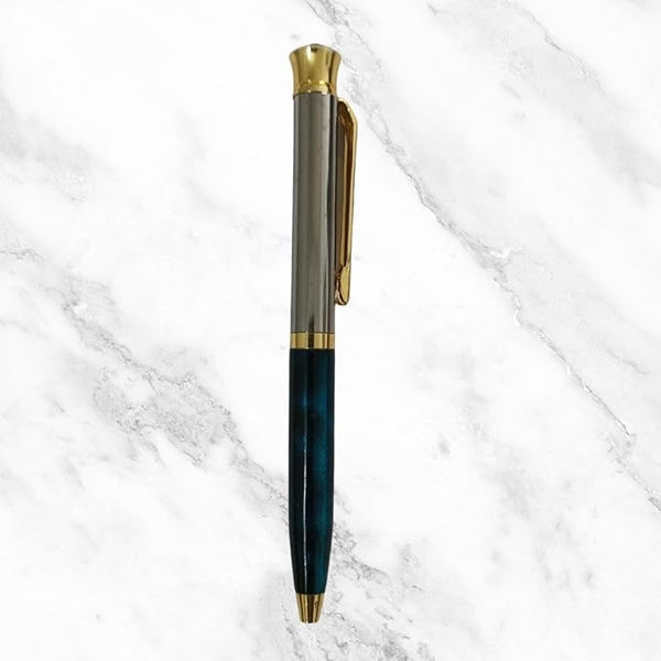 Luxury Dual-Tone Mini Ball Pen – Glossy Green & Silver Body | Elegant Gold Clip with Diamond Twist Top | Smooth Blue Ink Writing