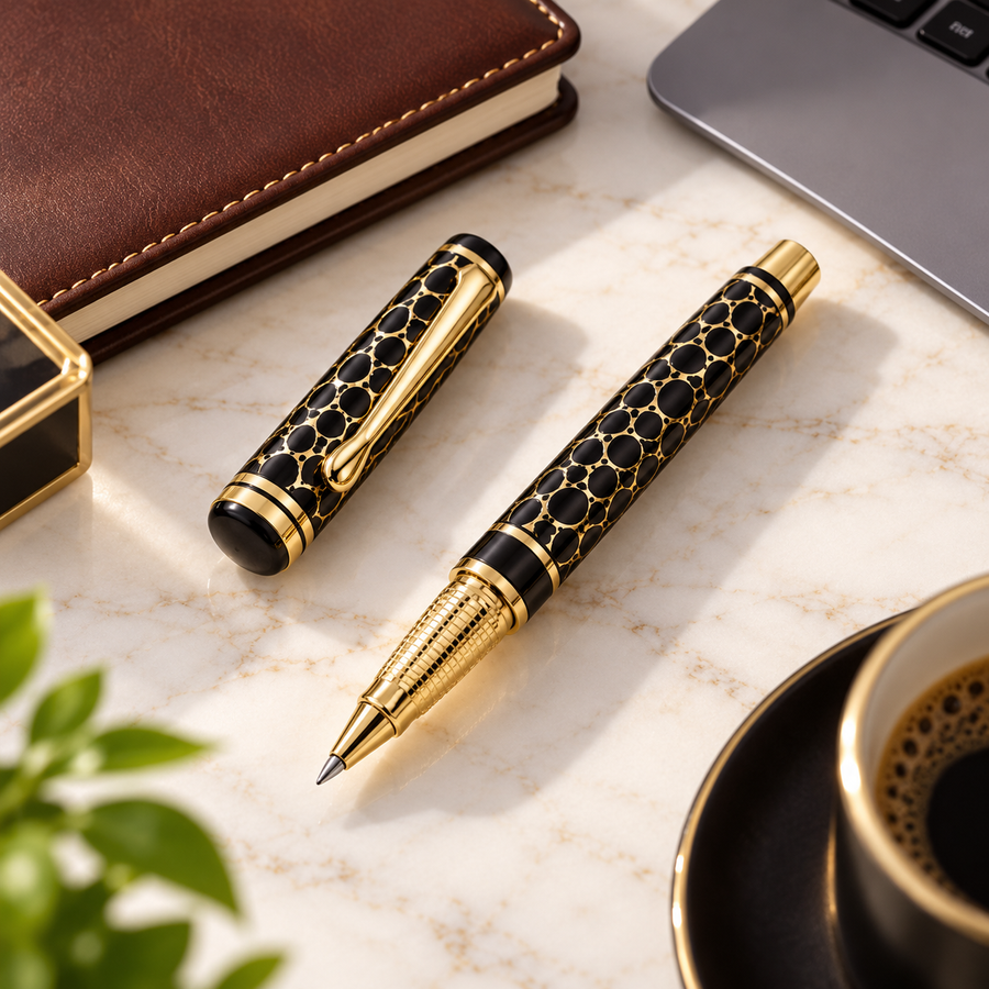 Matt Black Gold Designer Openable Metal Ball Pen – Blue Ink with 1 Extra Refill