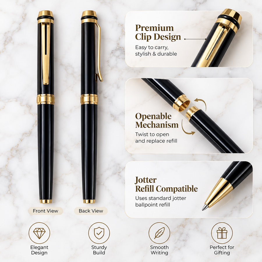 Glossy Black Gold Openable Metal Ball Pen with Gold Clip | Jotter Refill Compatible