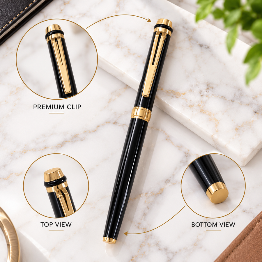 Glossy Black Gold Openable Metal Ball Pen with Gold Clip | Jotter Refill Compatible