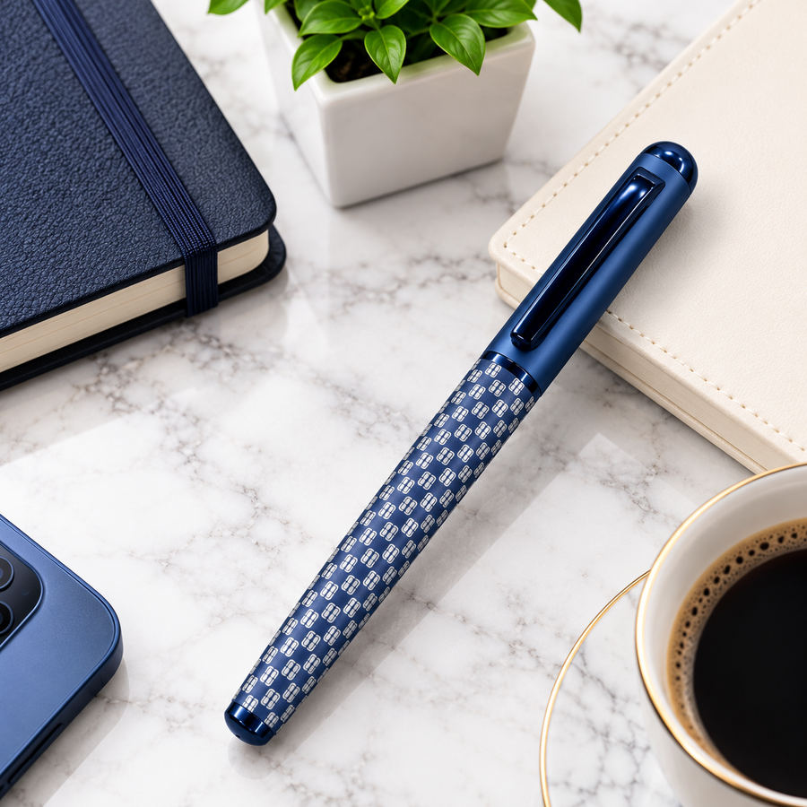 Matt Blue Grid Design Ball Pen with Blue Cap & Clip – Openable Mechanism | Blue Ink | 1 Extra Refill