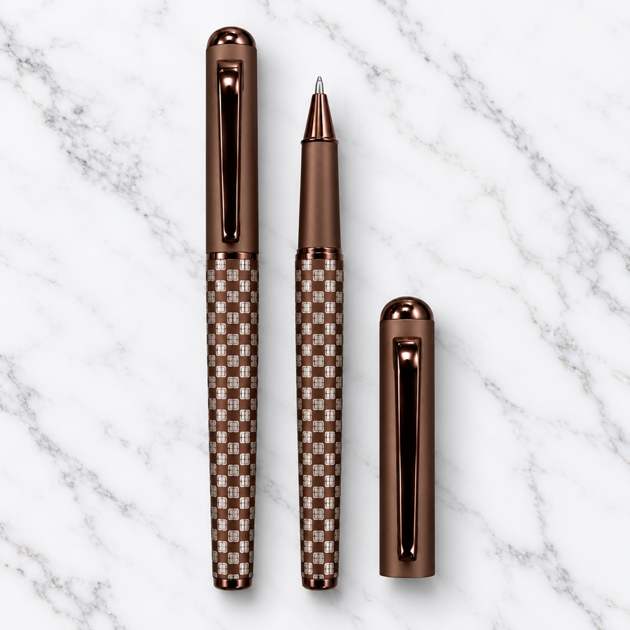 Matt Brown Ball Pen with White Grid Design & Brown Cap | Openable Mechanism | Blue Ink | 1 Extra Refill