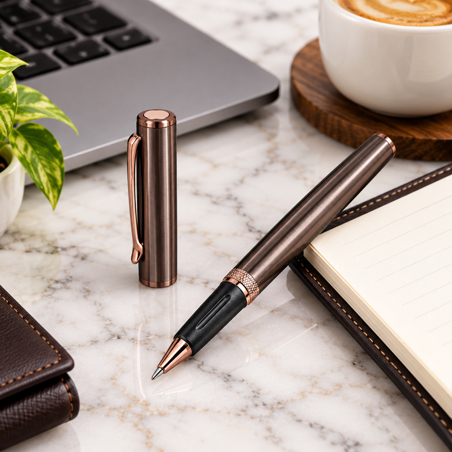 Metallic Glossy Brown Magnetic Cap Roller Ball Pen – Blue Ink | 1 Extra Refill
