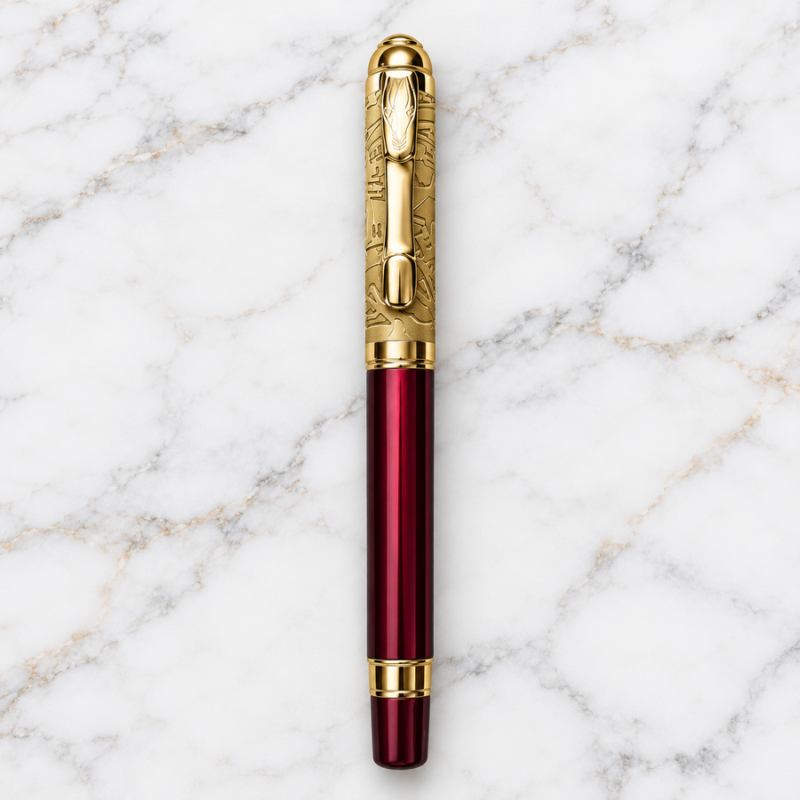 Metallic Glossy Maroon Ball Pen with Designer Gold Cap & Horse Symbol Clip – Openable Mechanism | Blue Ink