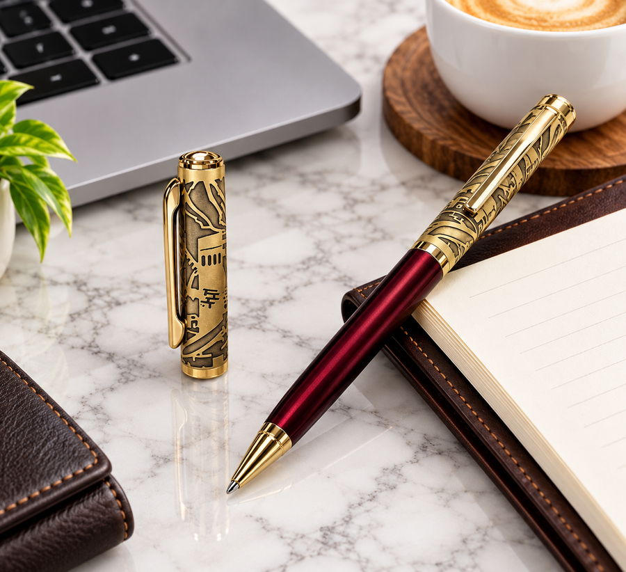 Premium Glossy Gold Bottom Metal Twist Ball Pen | Golden Clip | Engraving Design | Blue Ink | Executive Gift Pen