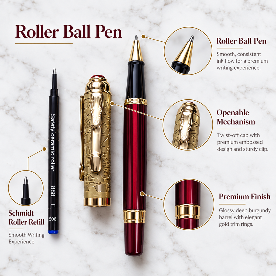 Metallic Glossy Maroon Ball Pen with Designer Gold Cap & Horse Symbol Clip – Openable Mechanism | Blue Ink