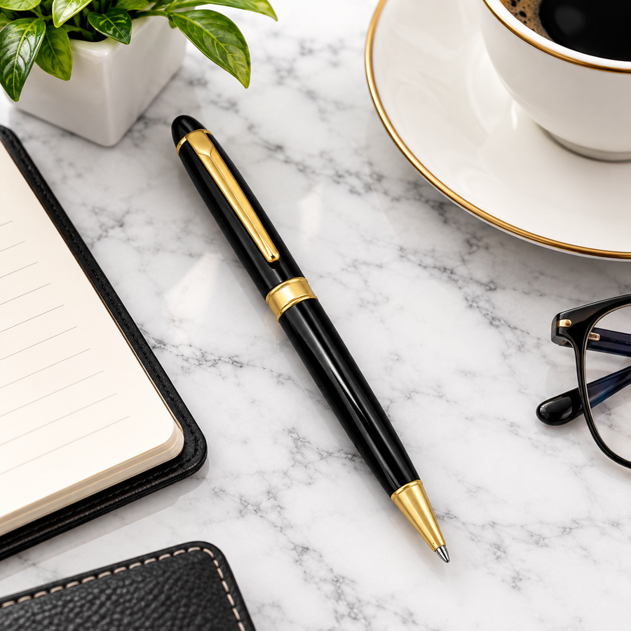 Metallic Glossy Black Ball Pen with Gold Clip – Twist Mechanism, Blue Ink & 1 Extra Refill Free