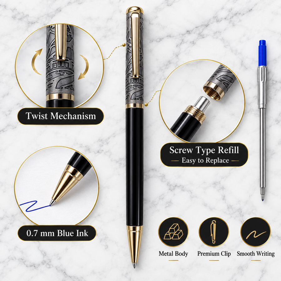Premium Grey & Glossy Black Metal Twist Ball Pen with Golden Clip | Blue Ink | Custom Clip Engraving | Executive Gift Pen