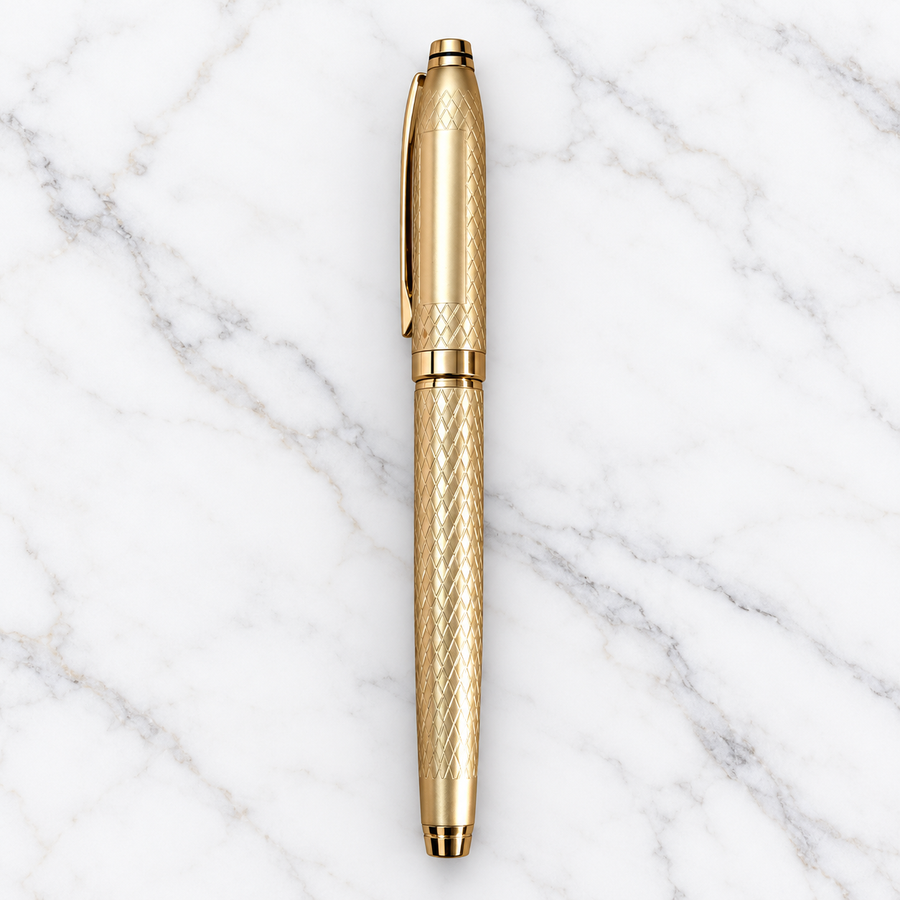 Premium Golden Designer Metal Roller Ball Pen – Fine Point, Openable Cap, Blue Ink, Schmidt Roller Refill