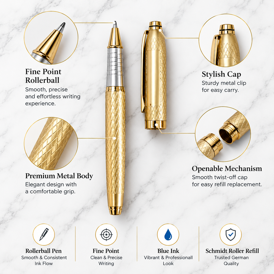 Premium Golden Designer Metal Roller Ball Pen – Fine Point, Openable Cap, Blue Ink, Schmidt Roller Refill