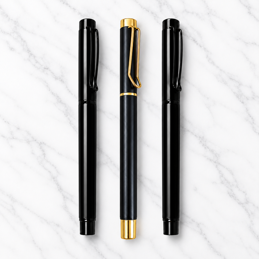 Set of 3 Metal Pens – 2 Black Ball Pens & 1 Matt Black Gold Clip Roller Ball Pen | Openable Mechanism