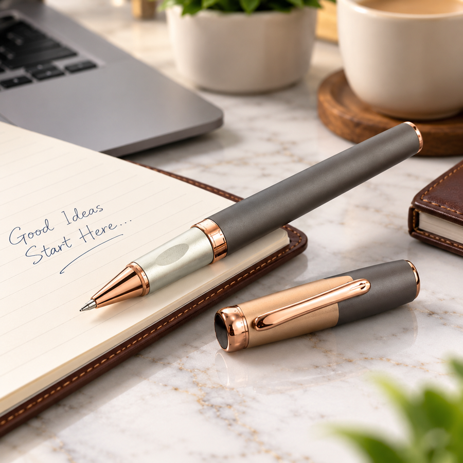 Ballpen Bazaar Matt Charcoal Gray & Rose Gold Openable Ball Pen – Blue Ink | 1 Extra Refill