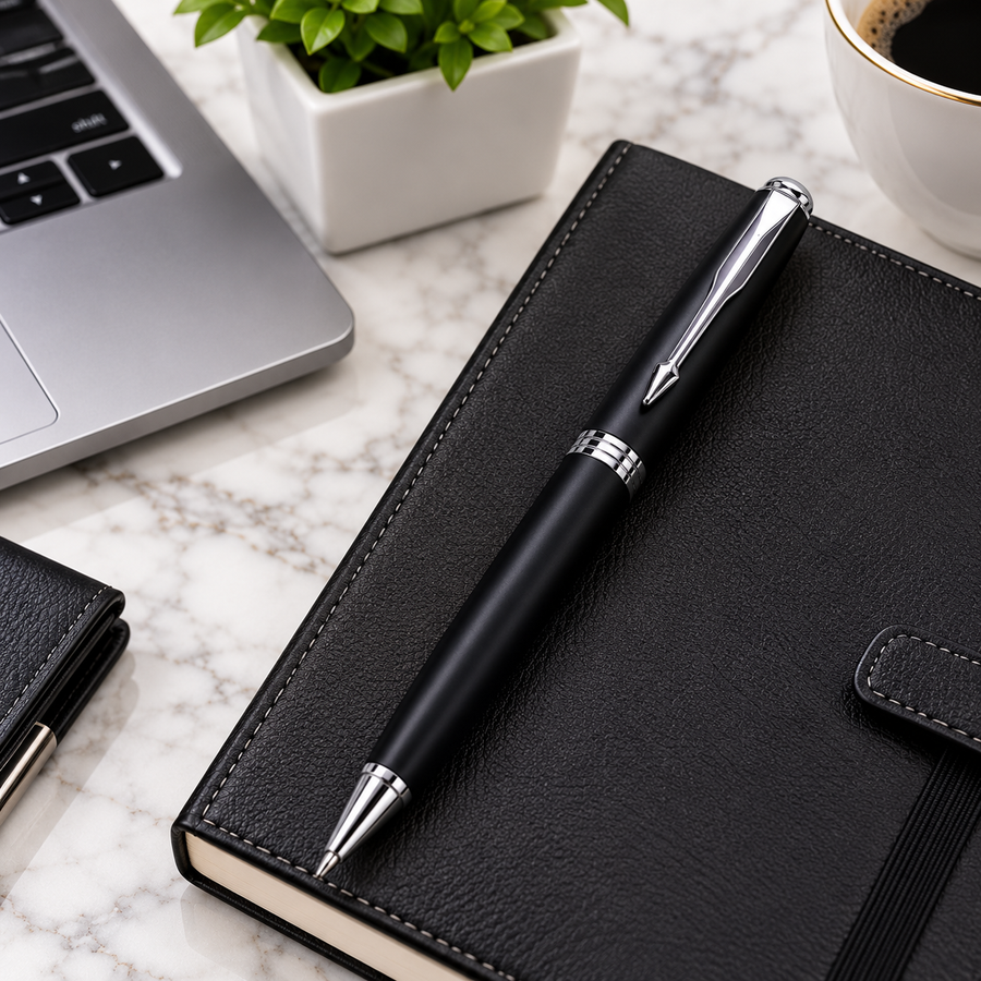 Glossy Black Metal Twist Ball Pen with Silver Clip | Blue Ink | Screw Type Metal Refill + 1 Extra Refill
