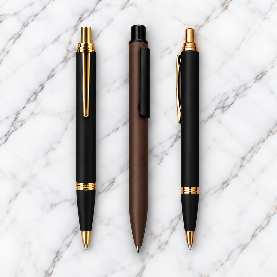 Set of 3 Matt Black & Burgundy Click Metal Ball Pens with Gold & Black Clips – Blue Ink + 3 Extra Refills