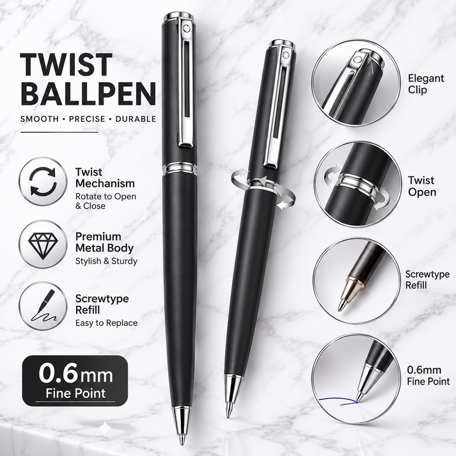 Matt Black Ball Pen with Glossy Silver Clip – Twist Mechanism, Blue Ink & 1 Extra Refill Free