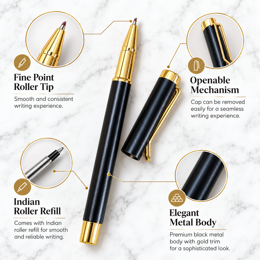 Set of 3 Metal Pens – 2 Black Ball Pens & 1 Matt Black Gold Clip Roller Ball Pen | Openable Mechanism
