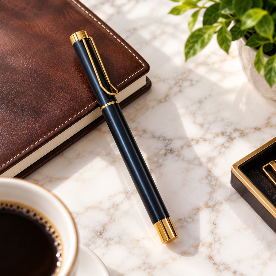 Set of 3 Metal Pens – 2 Black Ball Pens & 1 Matt Black Gold Clip Roller Ball Pen | Openable Mechanism