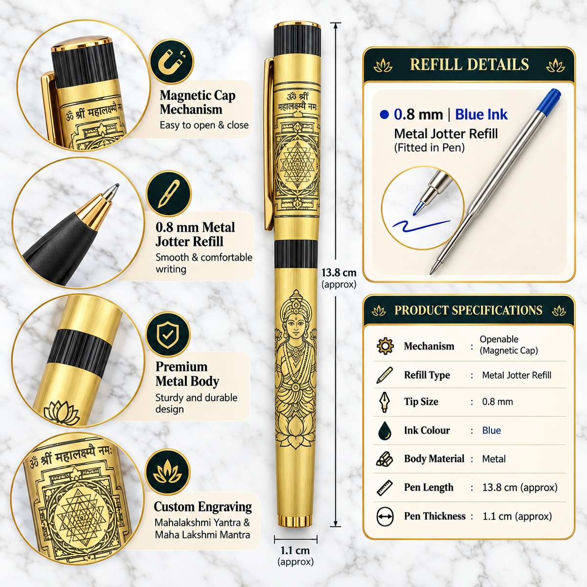Premium Gold Mahalakshmi Yantra Metal Ball Pen | Magnetic Cap | 0.8 mm Blue Ink Metal Jotter Refill | Custom Engraving Available