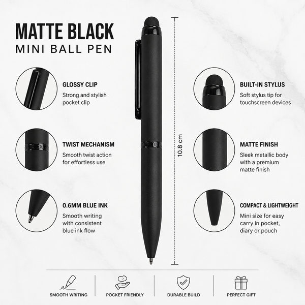 Matt Black Mini Ball Pen | Mobile Touch Twist | Blue Ink