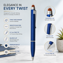 Ballpen Bazaar Matt Blue Ball Pen with Silver Clip & Rudrax Top | Twist Mechanism | Blue Ink | 1 Pc