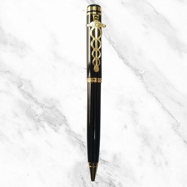 Metallic Glossy Black Ball Pen – Gold Doctor Clip | Blue Ink Twist Pen