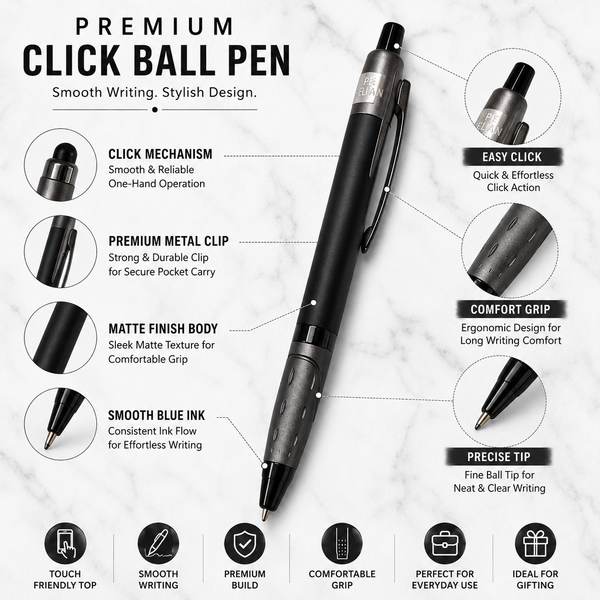 Metallic Glossy Black Ball Pen with Gray Design | Click Mechanism