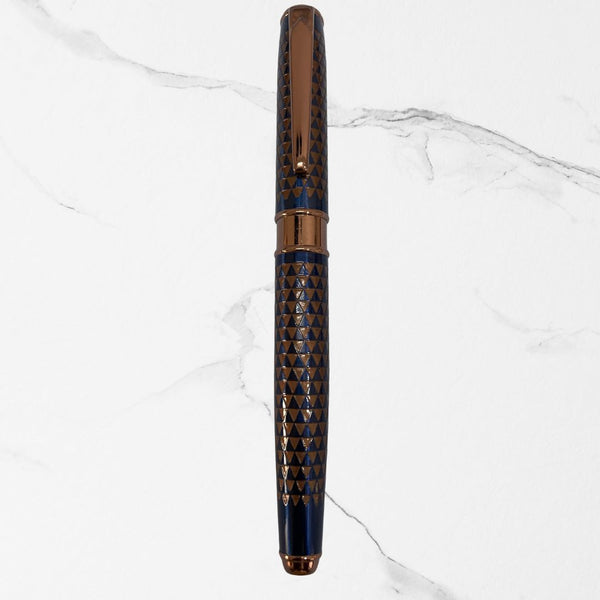 Metallic Glossy Blue Ball Pen with Brown Rectangle Design | Openable Mechanism
