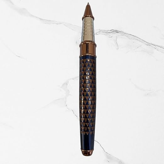 Metallic Glossy Blue Ball Pen with Brown Rectangle Design | Openable Mechanism