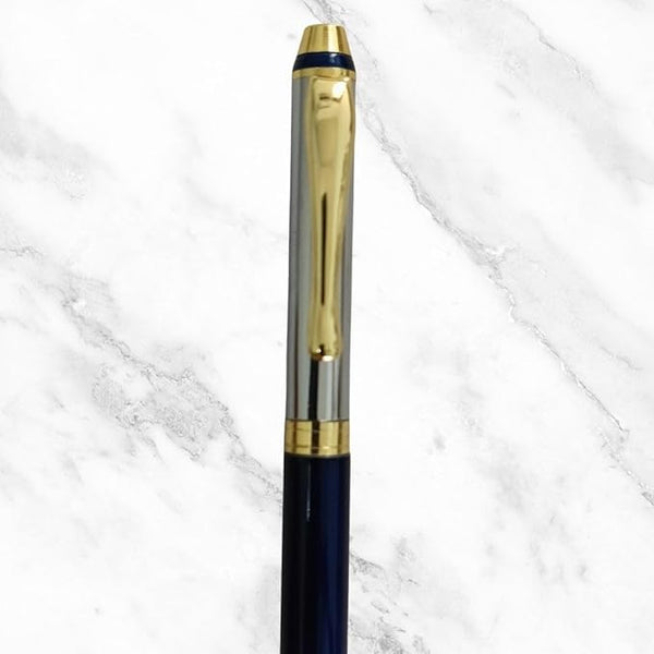 Metallic Glossy Blue & Silver Dual-Tone Mini Ball Pen – Premium Twist Mechanism with Gold Clip | Smooth Blue Ink Writing